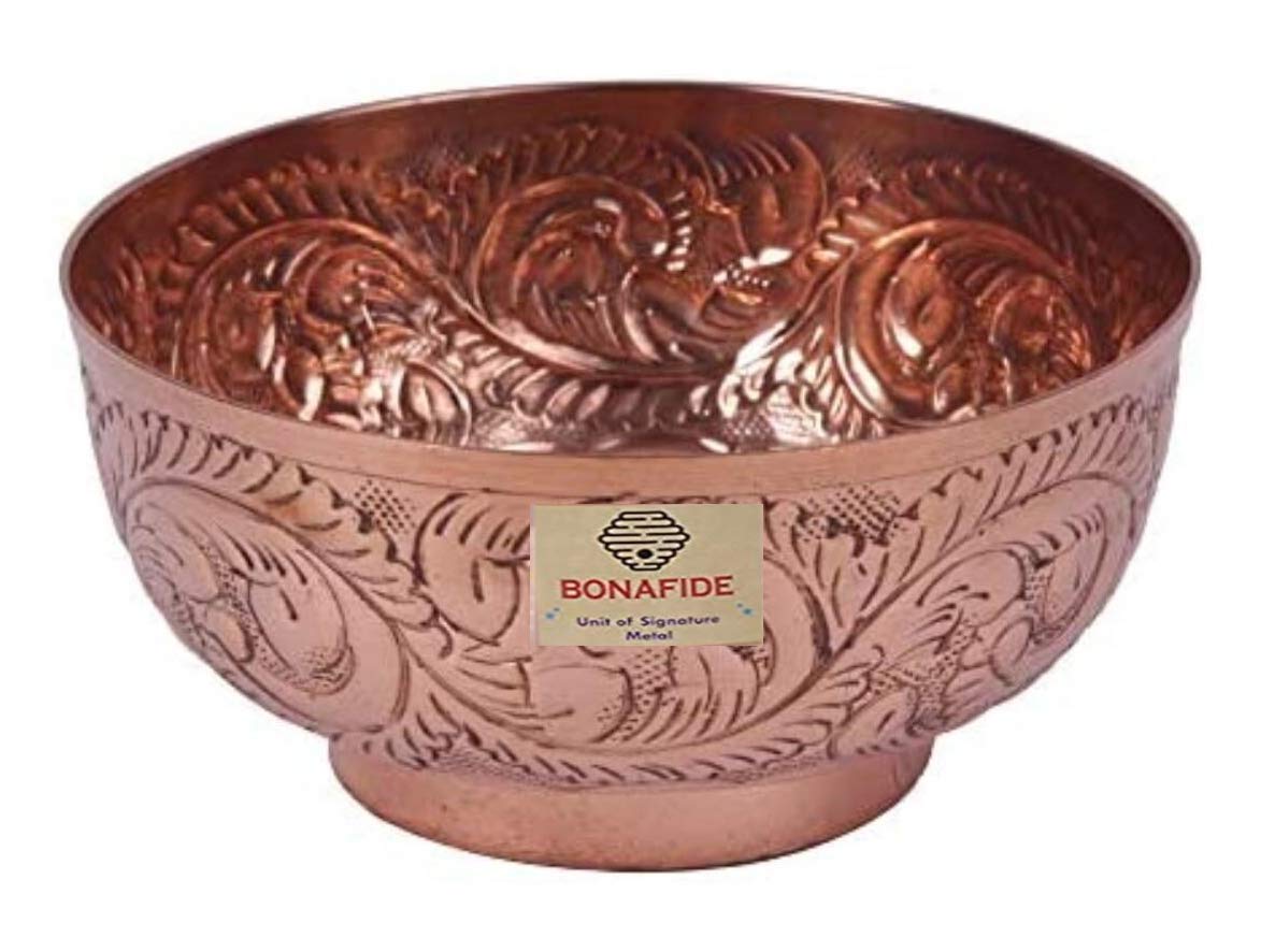 BONA FIDE - Unit of signature metal exportsPure Copper Heavy Gauge Flower Design Handmade Embossed Bowl (500 ml)