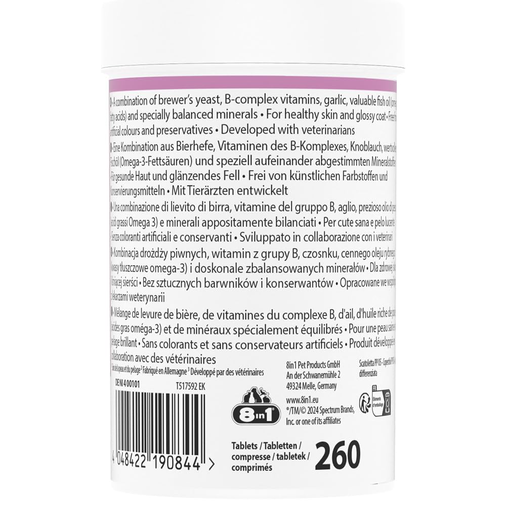 8in1 Compresse di Lievito di Birra per cani - Combinazione unica di vitamine per tutti i cani, supporta la cura della pelle e del pelo, 1 lattina (260 compresse)