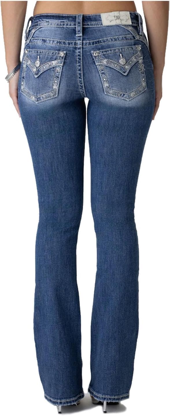Miss Me Women's Metallic Border Faux Flap Pocket Mid-Rise Bootcut Jeans
