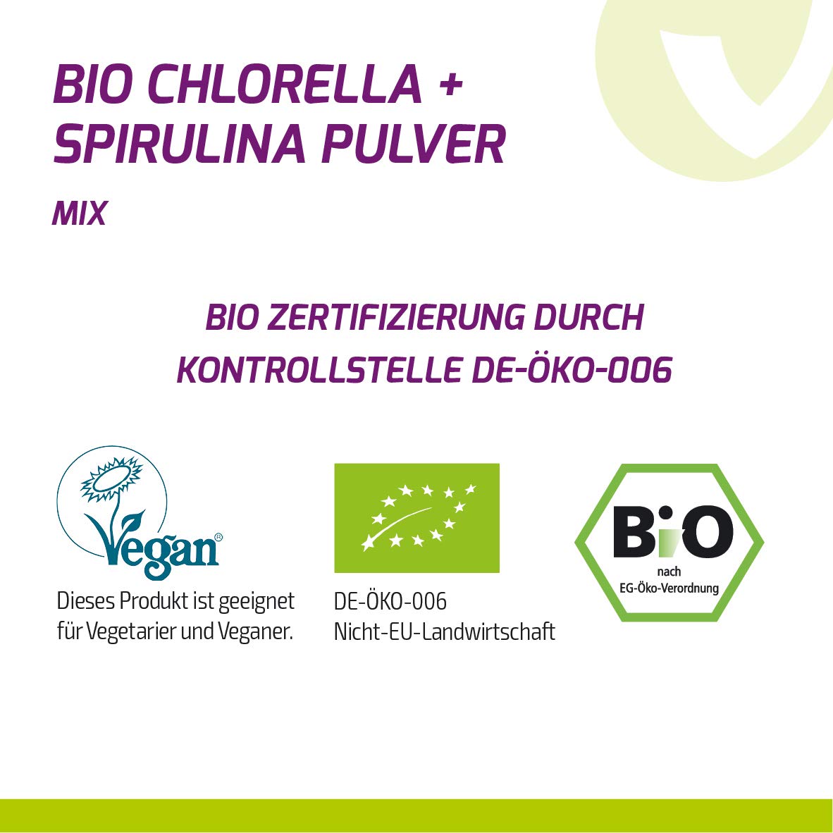 Vita2You BIO Chlorella + Spirulina Mix Pulver 500g - Verhältnis 50:50 - Aus Ökologischen Anbau DE-ÖKO-006 - Zippbeutel - Premium Qualität