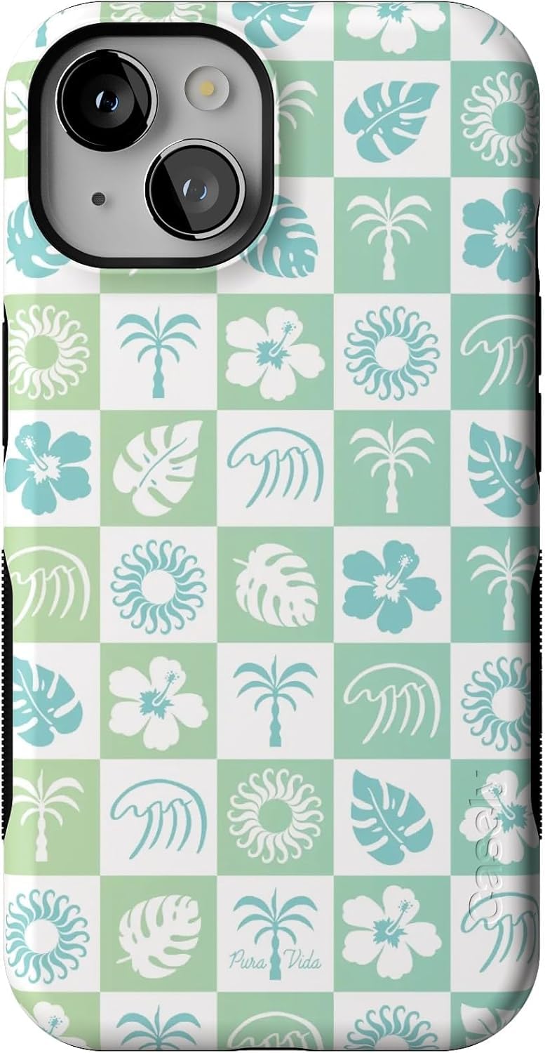 Casely iPhone 14 Case | Coastal Checkers | Pura Vida Floral | Compatible with MagSafe | Bold Protective Design