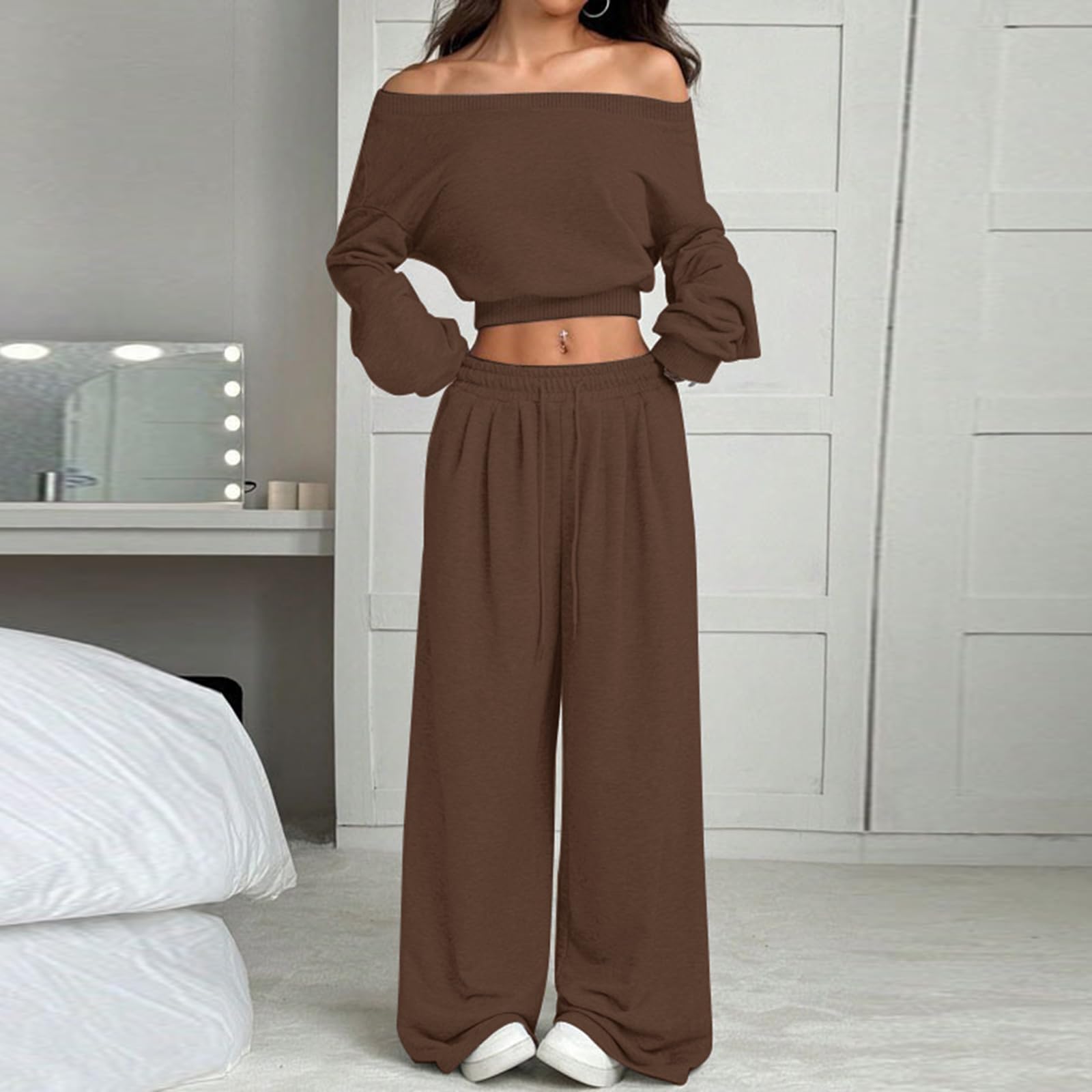 Atuendo Mujer Sportiva Básico Invierno Cintura Alta Manga Larga Fresco Adaptar Color Sólido Fuera del Hombro