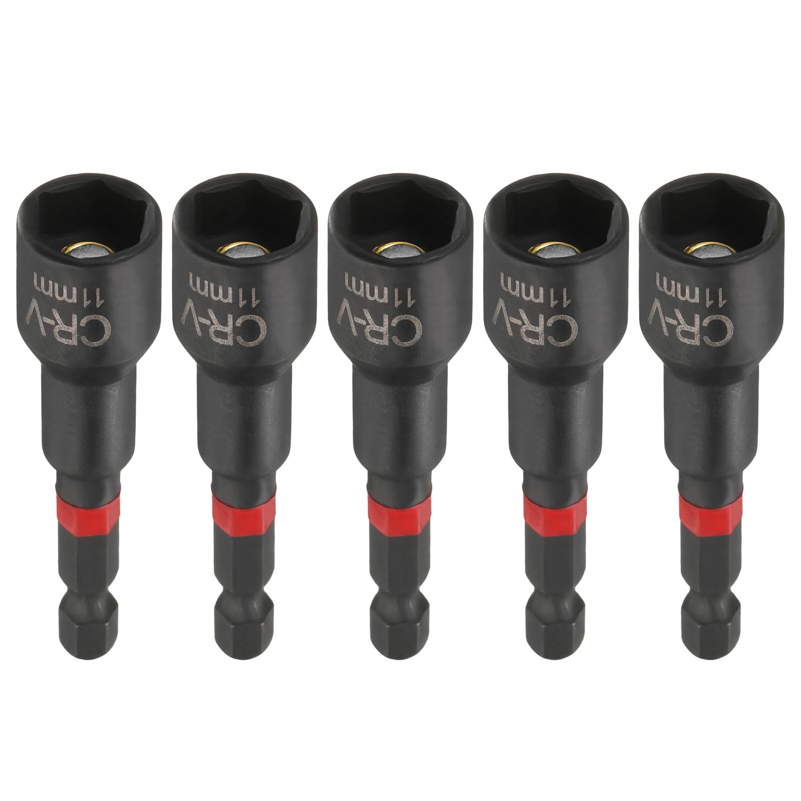 sourcing map 5pcs Nut Driver Drill Bit 11mm Metric Socket 1/4" Hex Shank 3" (65mm) Long Magnetic 6-Point Sockets Quick Change Phosphated CR-V Steel Bolt Setters for Power Drill Drivers, Black