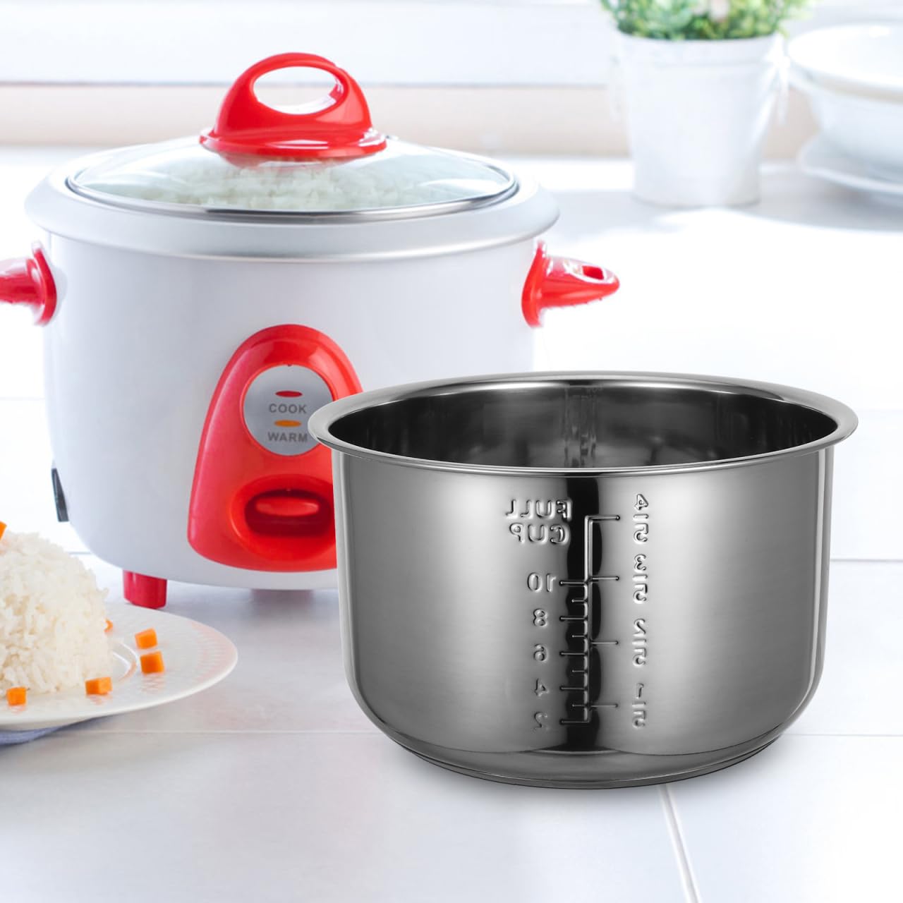 Amosfun Olla interior para olla arrocera, olla interior de acero inoxidable de 5 litros con escala, repuesto de tanque de olla de arroz antiadherente (24 x 24 x 14 cm)