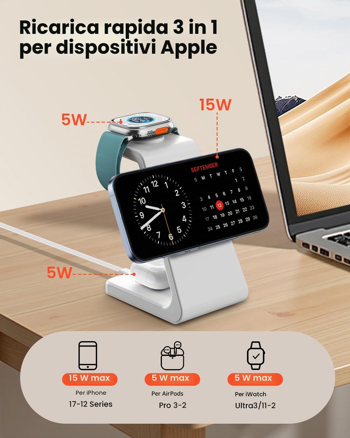 GEEKERA Certificato Stazione Ricarica per Apple, Caricatore Wireless Rapido 15W compatibile con Mag-Safe per iPhone Air/17-12, Stand Ricarica per Apple Watch, Base Carica per AirPods, Bianco e Grigio