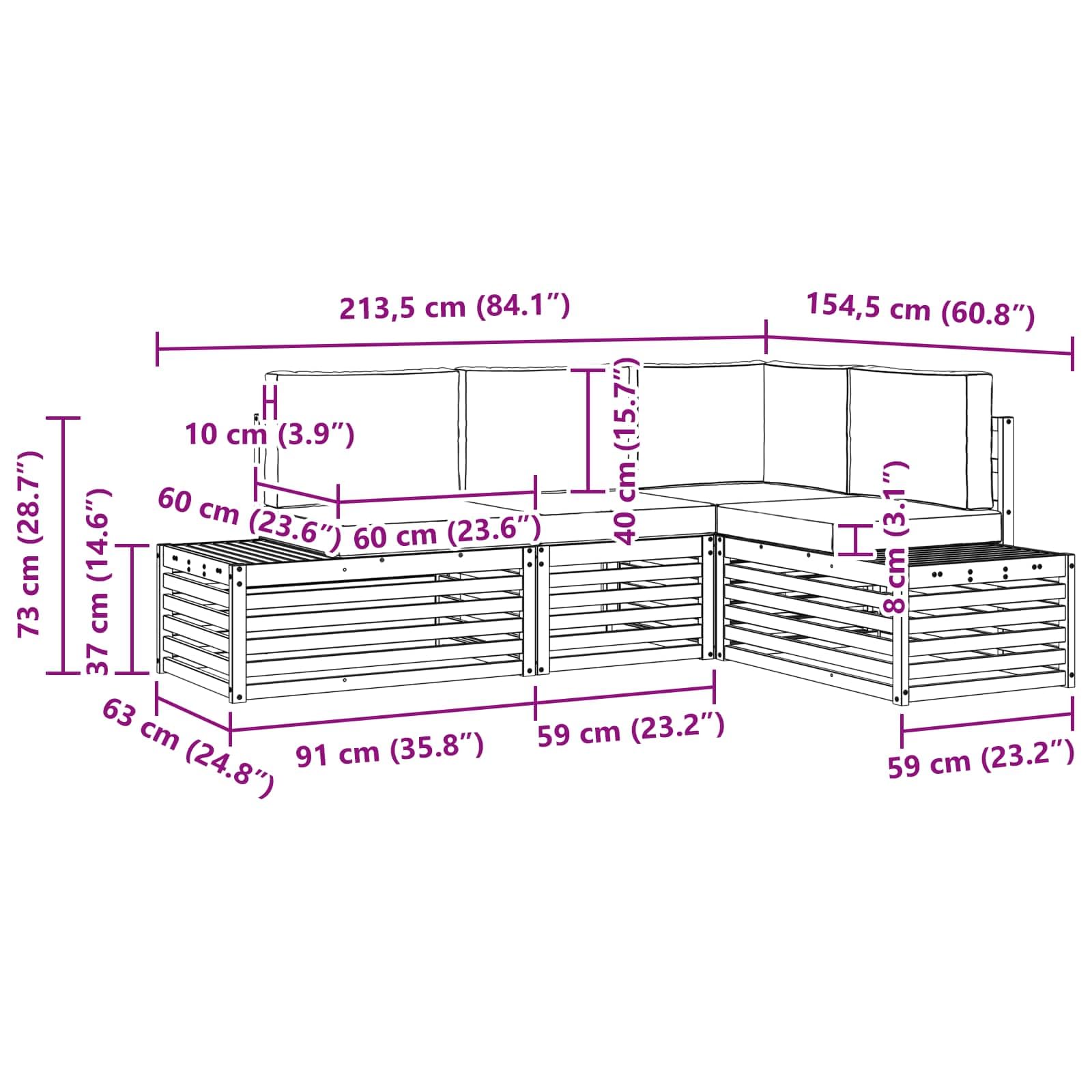 Ensemble de canapés d extérieur Blanc en Bois d Acacia Massif 213,5 x 154,5 x 73 cm, canapé d Angle modulaire avec Coussins pour terrasse Jardin détente