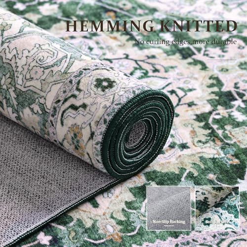 Green Boho Washable Area Rug 5x8 Vintage Rug for Living Room Bedroom Non Slip Low Pile Faux Wool Floor Carpet Farmhouse 5x8 Rug for Dining Room Office, Green/Multi