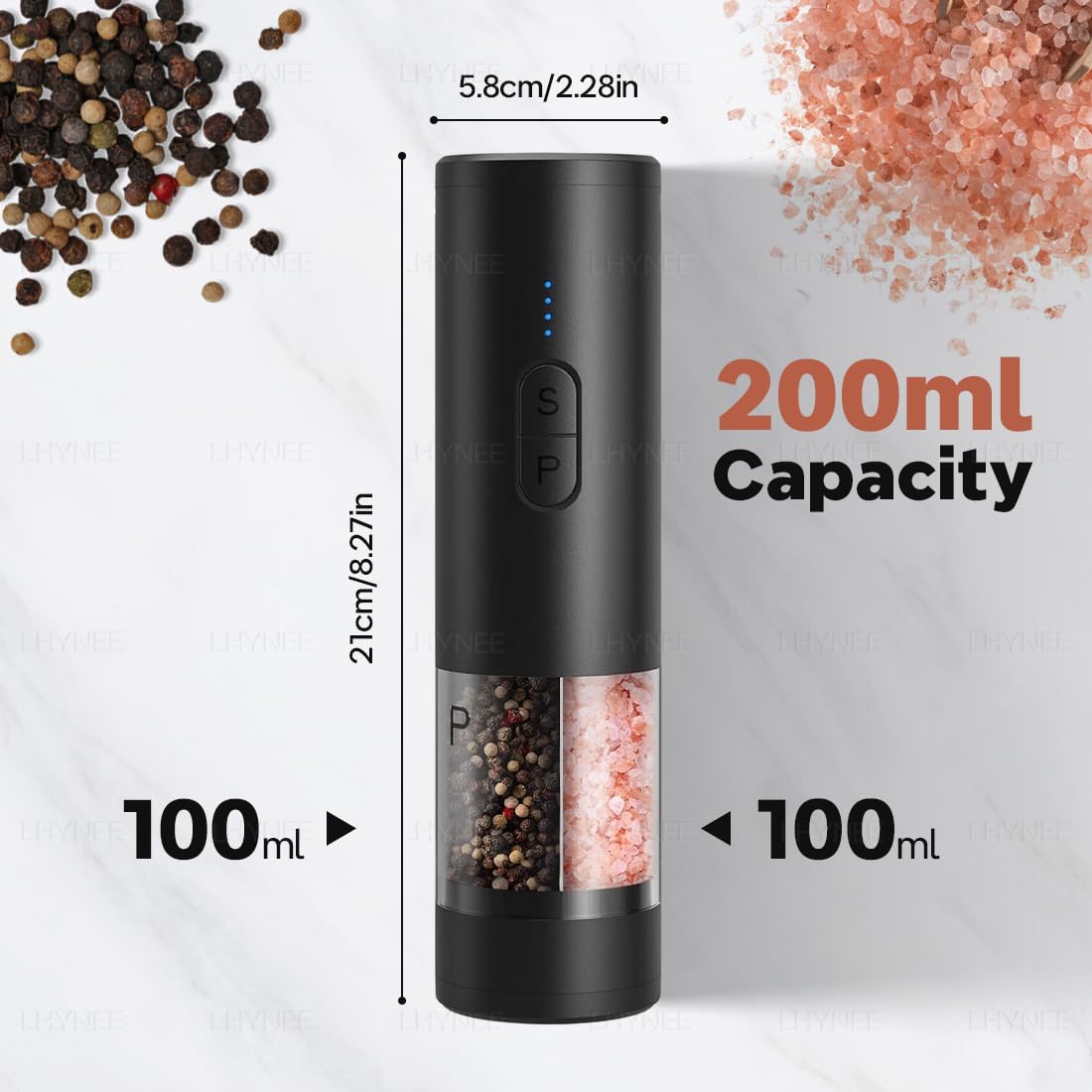 Molino Doble Eléctrico 2-en-1 para Sal y Pimienta–Recargable por USB con Luz LED,Muelas de Cerámica Ajustables y Gran Capacidad. (Negro)