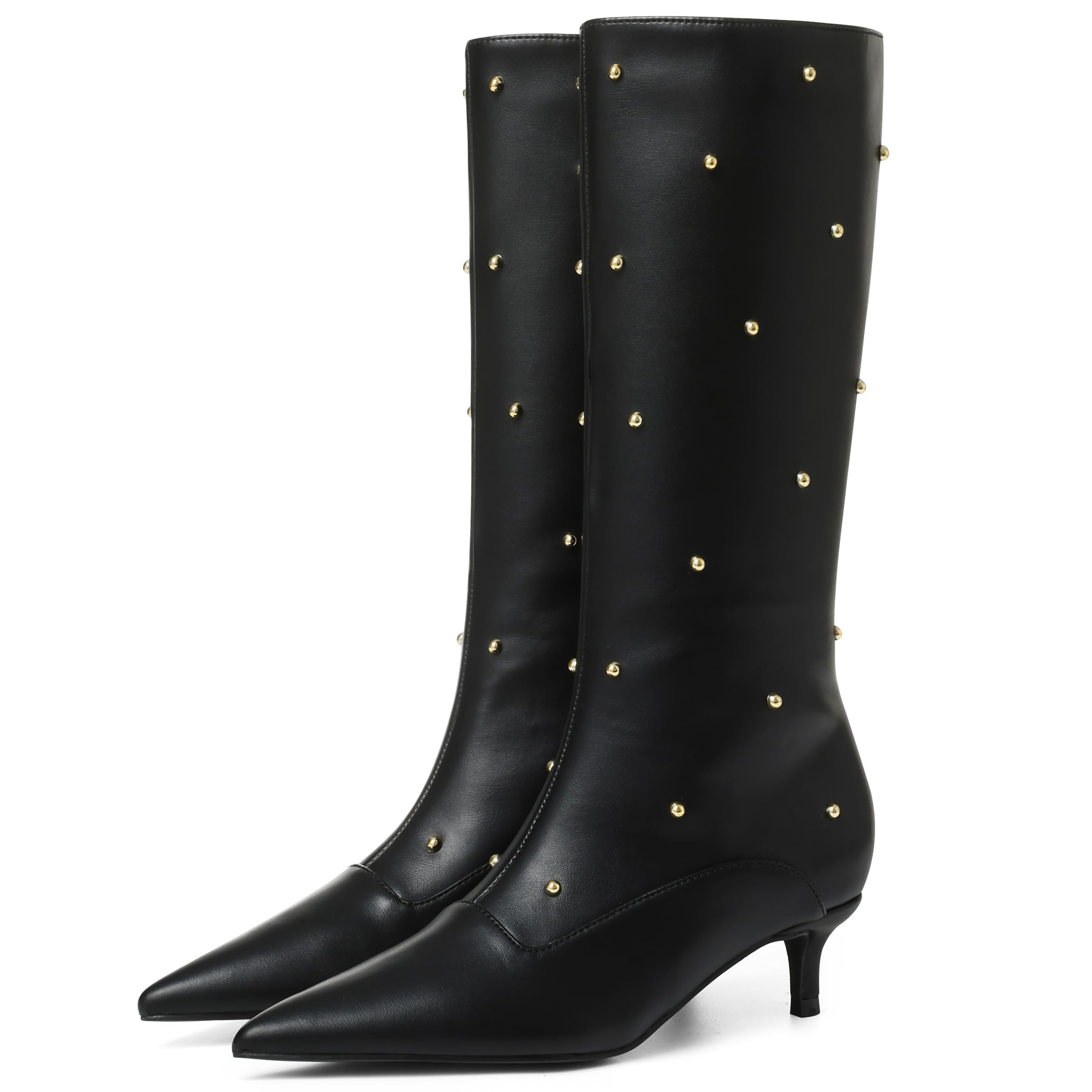 Women Brown Mid Wide Calf Boots Studded Pointed Toe Kitten Heel Pull on Shoes
