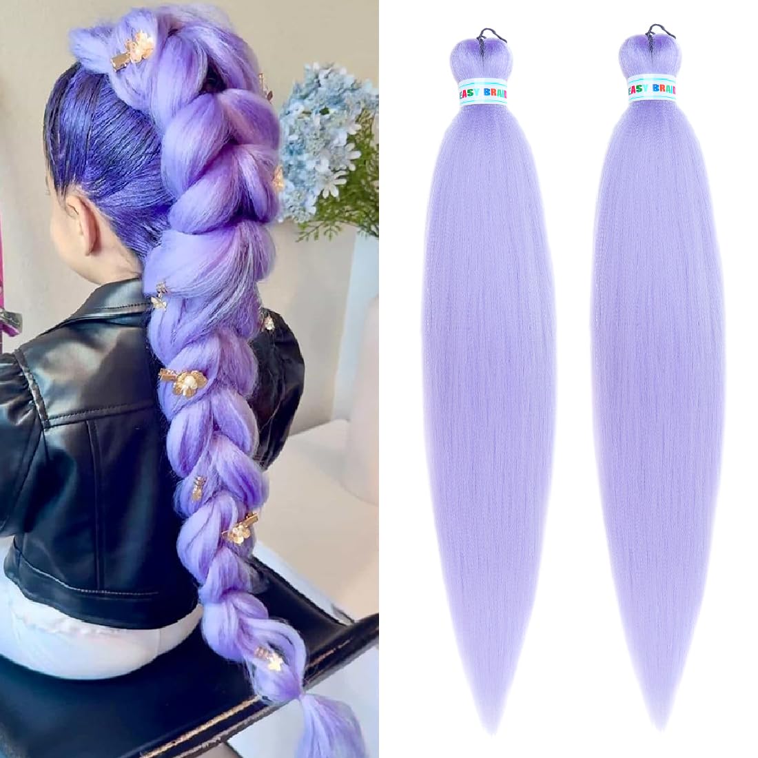 Light Purple Braiding Hair Pre Stretched Yaki Straight 2 Packs 90g/Pack Extra Long Lavender Hair Extensions Synthetic Crochet Braids 26 Inch/66 CM