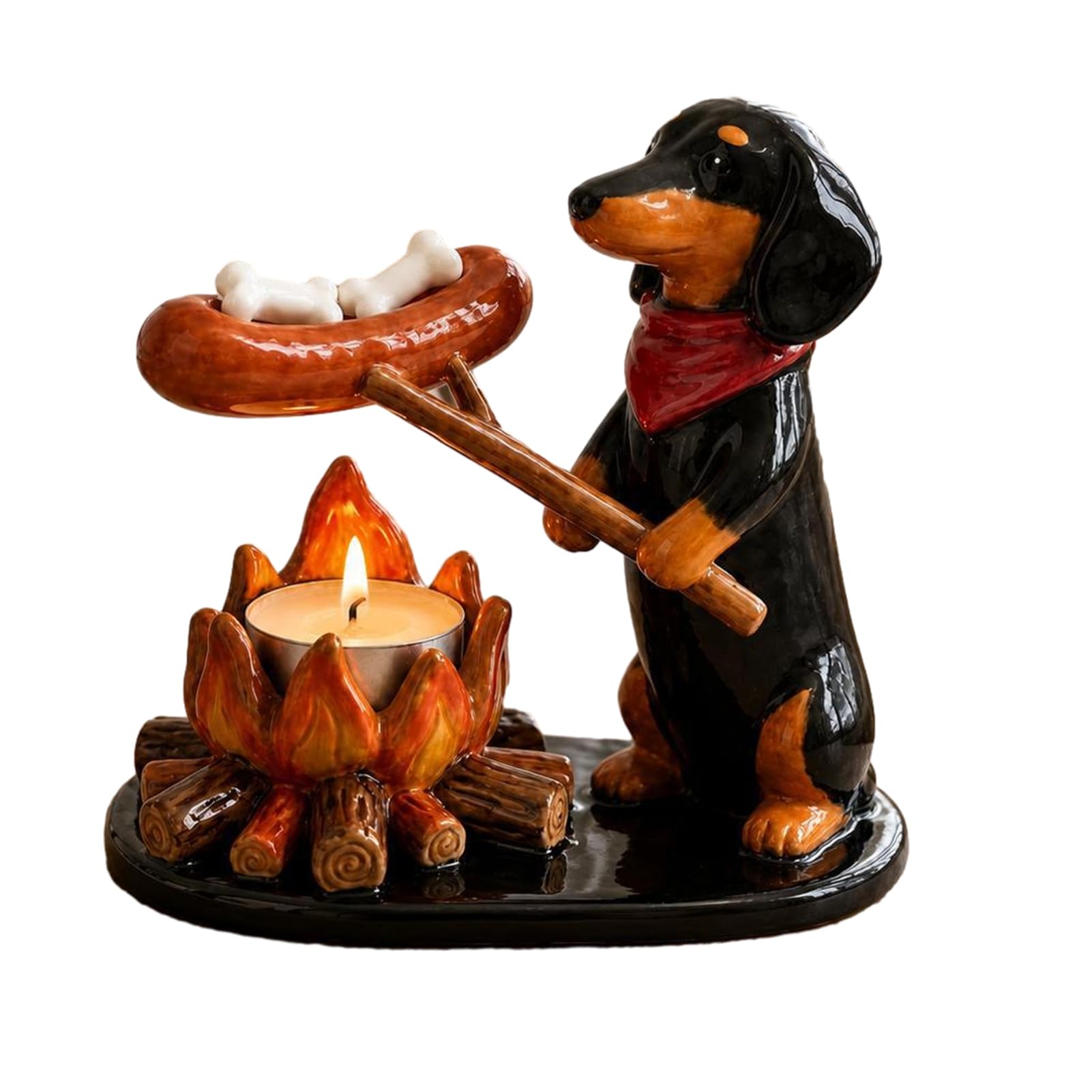 Campfire Animal Tealight Holder, Cute Resin Candle Stand with Cat Fox and Dachshund Figurines, Rustic Woodland Tabletop Decor for Home Living Room, 18.5x10x15cm Black B