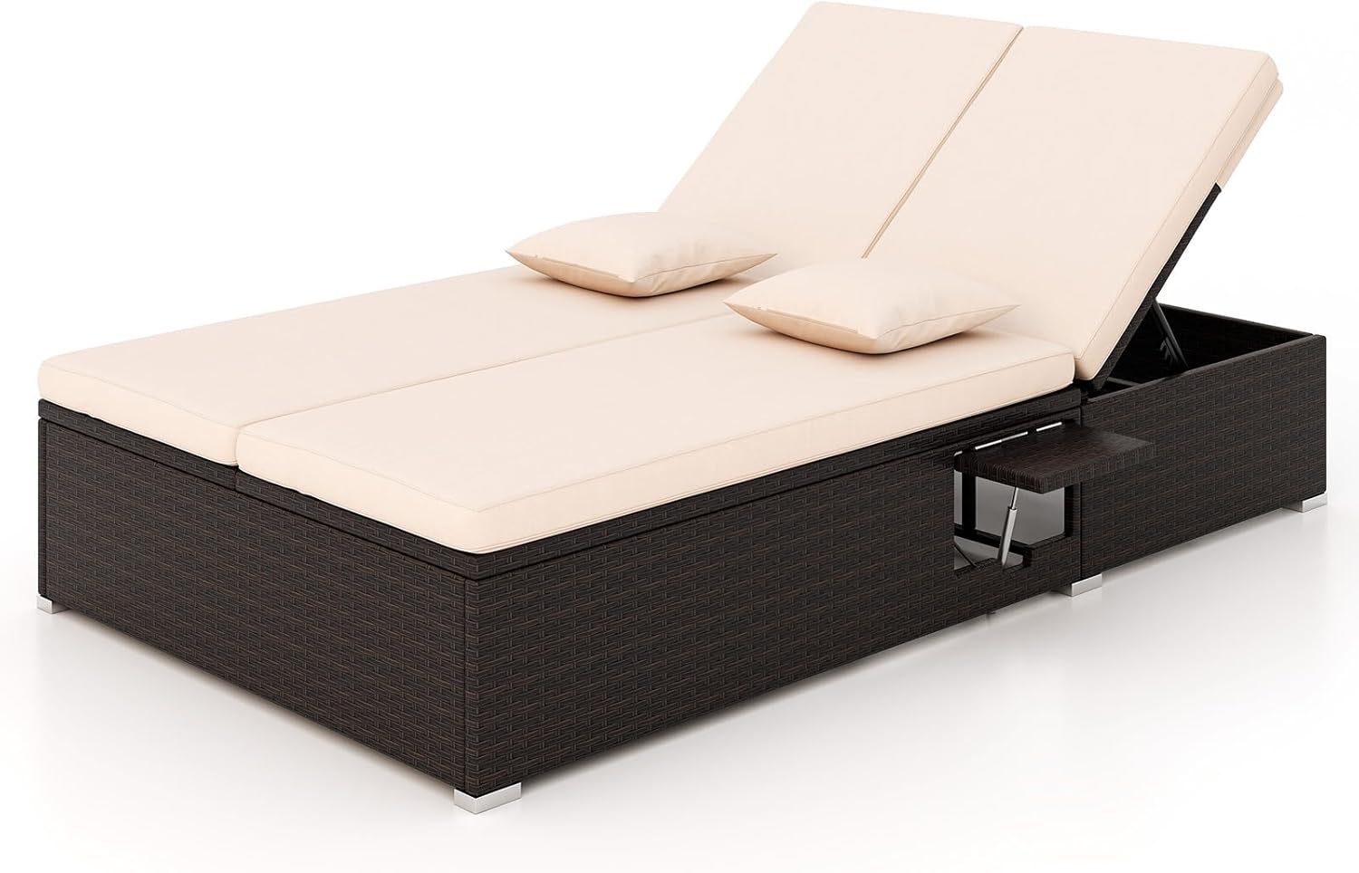 RELAX4LIFE Rattan Outdoor Patio Daybed – Wicker Double Chaise Lounge Chair w/6-Position Backrest, 2 Folding Side Trays, Cushions, Recliner Loveseat Sunbed for Backyard Pool, 2-Seater Patio Bed Lounger