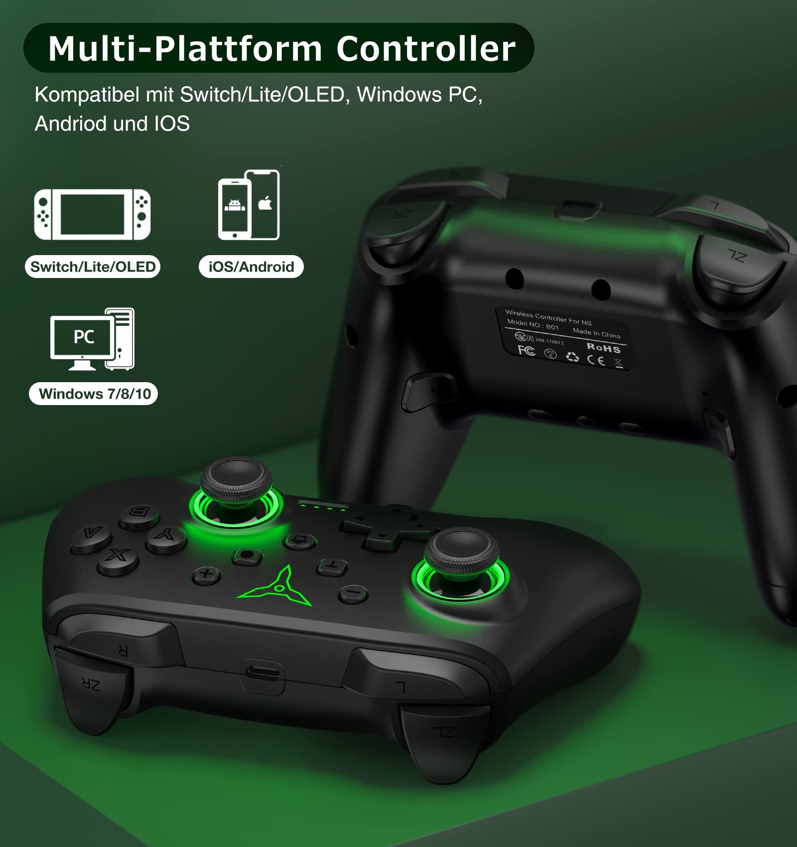 HELLCOOL Switch Controller, Wireless Controller Switch mit Präzise Bewegungssteuerung/Dual Vibration/Turbo/Macro/Aufweckenfunktion, Cooles LED Licht Switch Controller für Switch/Lite/OLED