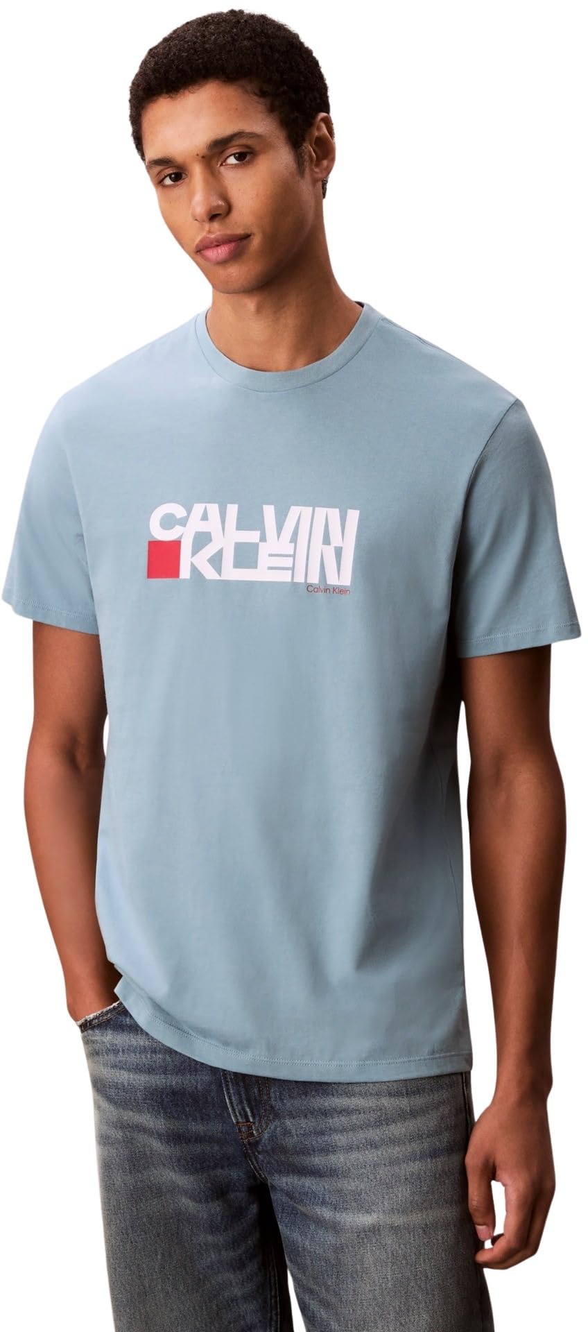 Calvin Klein Men’s Short Sleeve Redbox Graphic T-Shirt with Logo, Blue (Smoke Blue), M