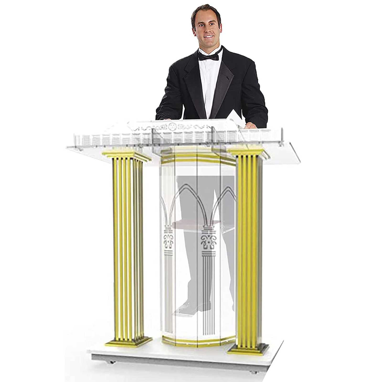 BTZHYLectern Podium Stand, Acrylic Pulpit Luxurious Podium, Large Speech Podium with Moving Wheels, Church Transparent Podium Stand with Wide Reading Surface for School Conference Activitie
