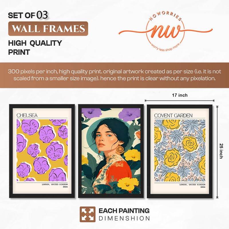 Image of NoWorries Modern Portrait Art & London Floral Wall Frames Paintings | Chelsea & Covent Garden Botanical 300 GSM Premium Prints | Stylish Home Decor for Living Room, Office & Bedroom | Synthetic Wooden Wall Art Frames (Set of-3) (BLACK, ART-11, 17X25INCHES)