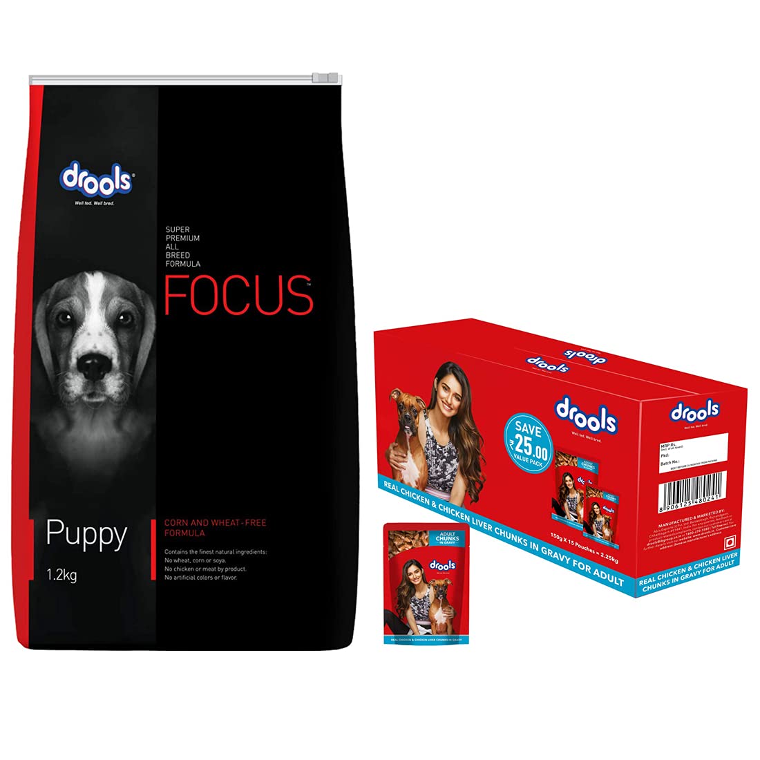 Drools Adult Wet Dog Food, Real Chicken and Chicken Liver Chunks in Gravy, 15 Pouches (15 x 150g)+ Drools Focus Puppy Super Premium Dog Food (1.2Kg),1.2 g (Pack of 1) (B09CPRQKSX) Amazon Price History, Amazon Price Tracker
