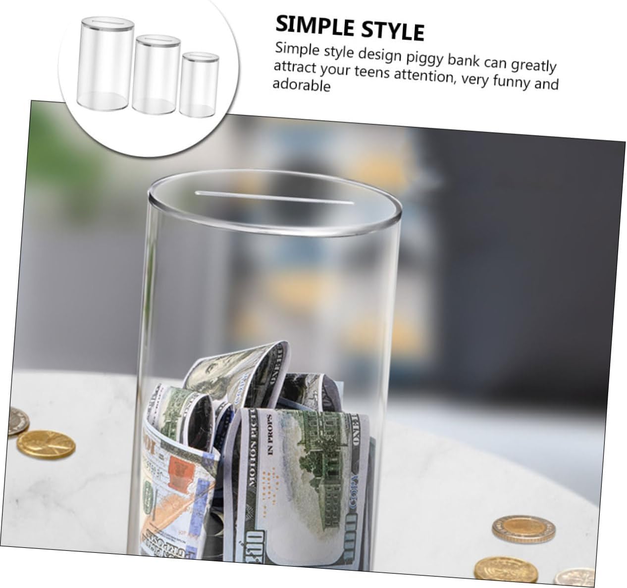 3Pcs Transparent Acrylic Coin Bank Money Saving Box for Home Office Stylish Desktop Decor Flat Bottom Design for Stability for Adults