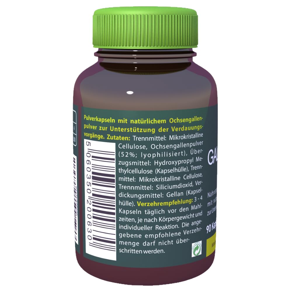 Natural 90 Kapseln, Gallensäure, Ox Bile Kapseln, Verdauungsenzyme zur Unterstützung der Leber, mit Ochsen-Galle und Gallensalzen, ideal nach Entfernung der Gallenblase