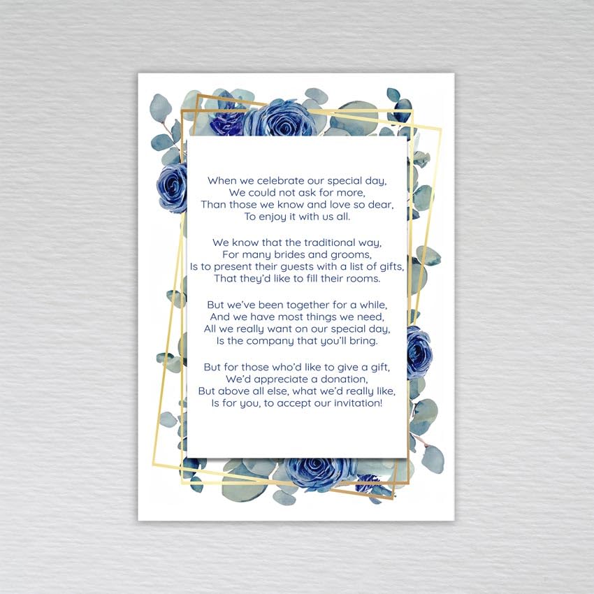 Webspectations Pack of Wedding Poem Money Request Cards: Navy Rose with Dusty Blue Eucalyptus Wedding Money Poem (Pack of 50 without Envelopes)