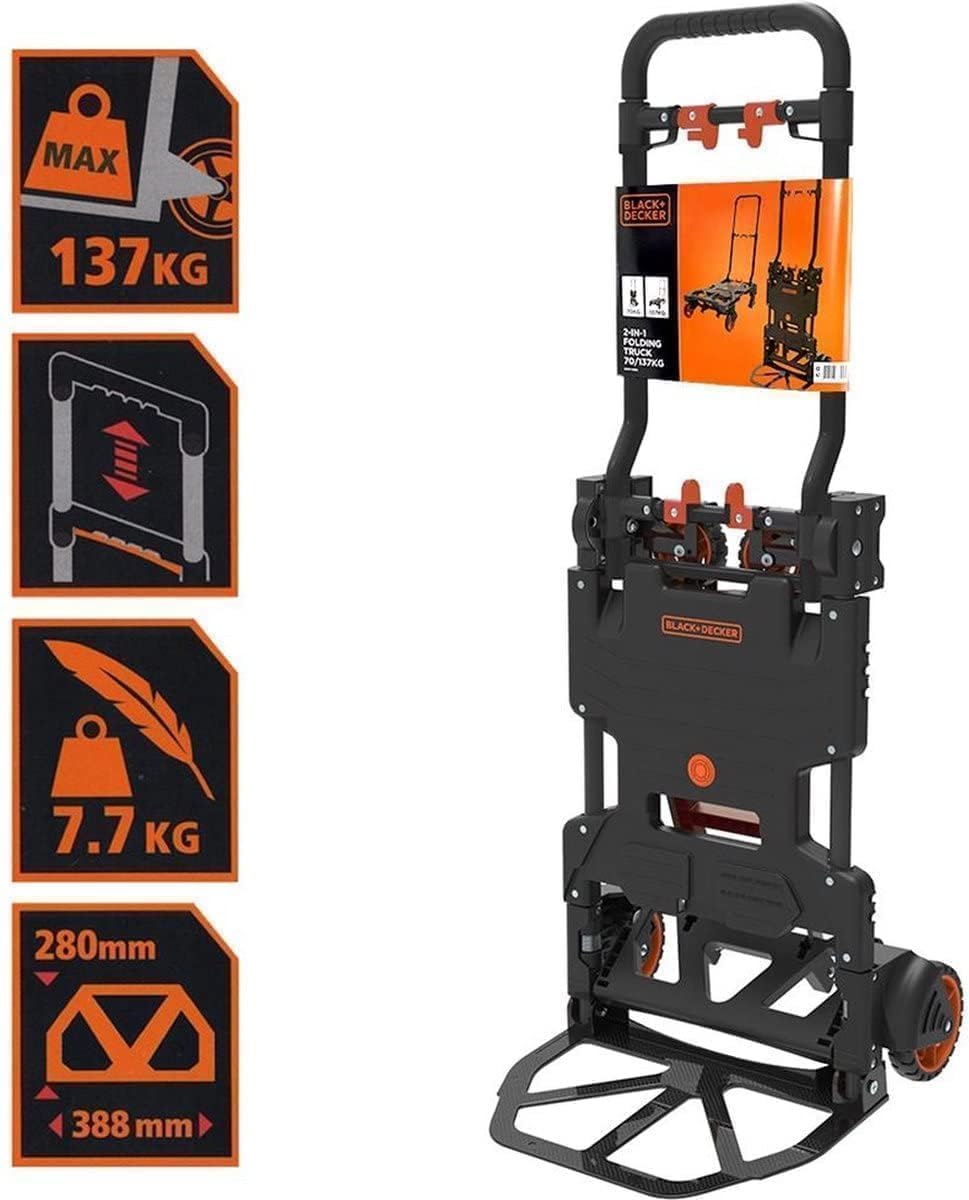Black+Decker 2-en-1 Carro y Caretilla Plegable - Carretilla de Carga MAX. 55KG - Caretilla de Mano MAX. 120KG - Carro Plataforma con Ruedas Robustas - Plástico/Acero