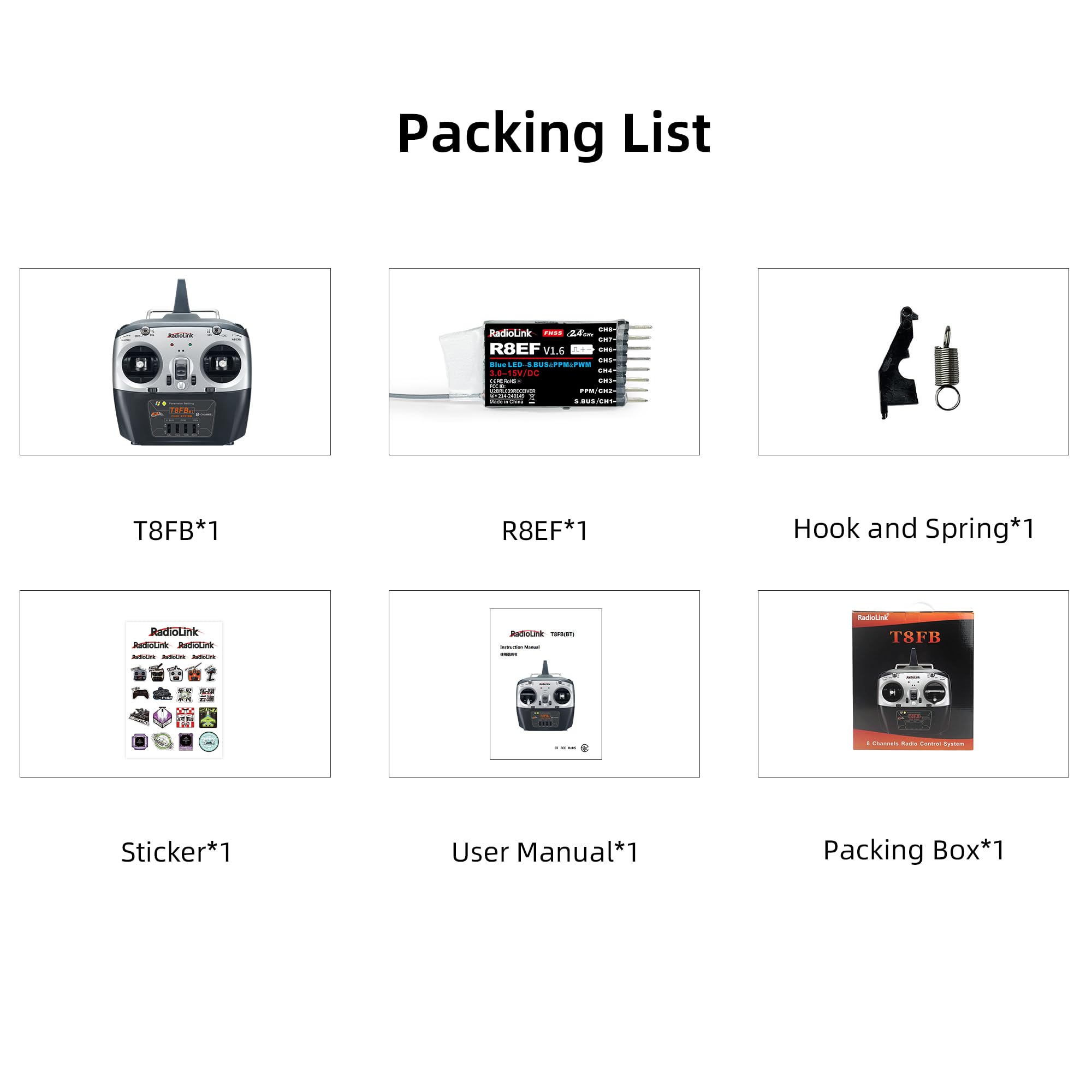Radiolink T8FB 2,4 GHz 8 canaux RC émetteur et récepteur à Distance R8EF Dual Stick RC Radio Commande Controller pour RC Avion Avion Bateau Voiture et Plus (Mode 2)