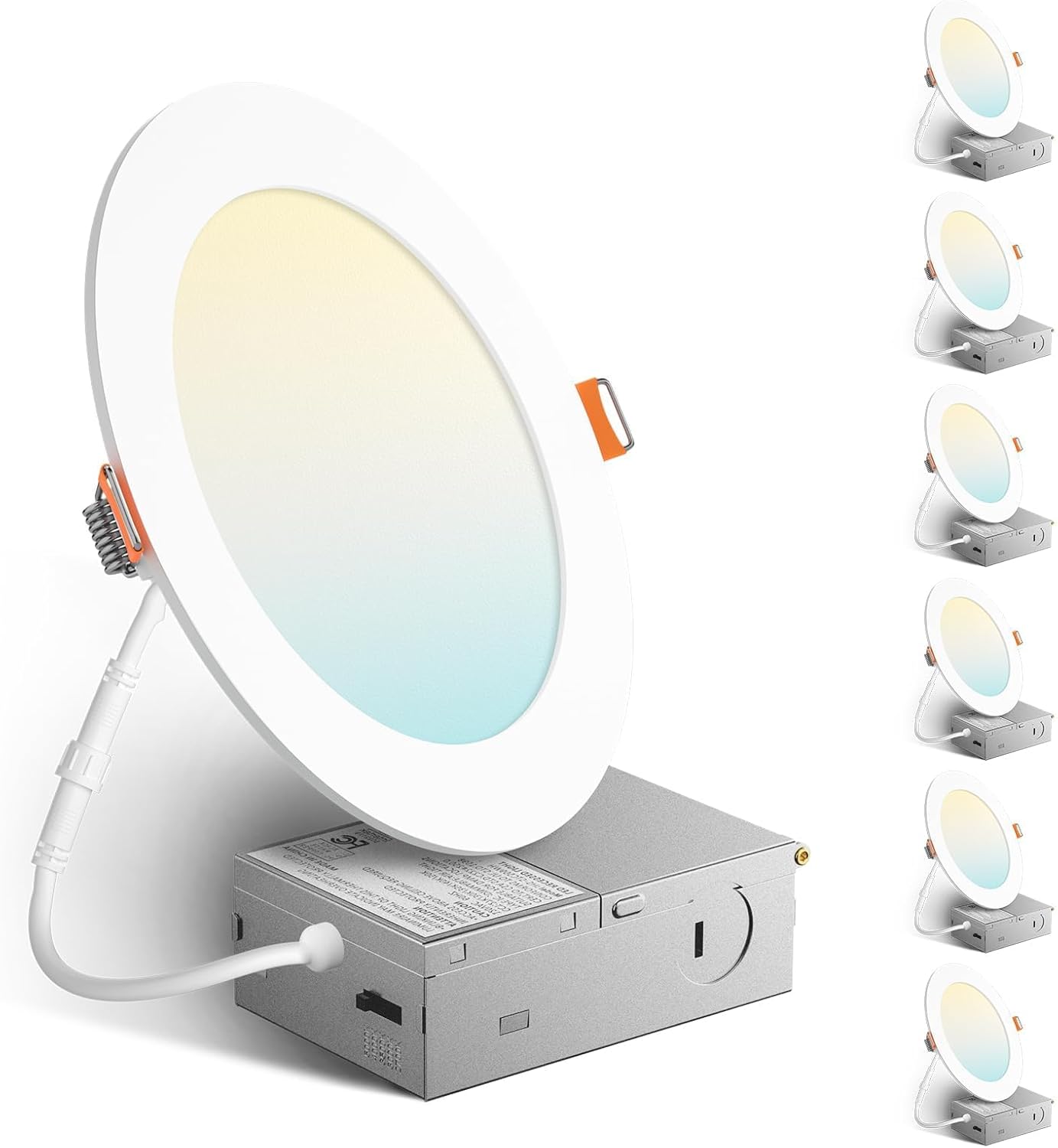 Amico 6 Pack 6 Inch 5CCT Ultra-Thin LED Recessed Ceiling Light with Metal Junction Box, 2700K-5000K Selectable, 12W Eqv 110W, Dimmable Canless Wafer Downlight with Plastic Trim, 1050 Lumens -ETL&FCC 5 CCT(2700K/3000K/3500K/4000K/5000K) 6 inch-6 Pack