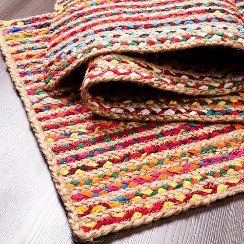 Hausattire Bohemian Braided Rug 2'x3' - Multi Color, Small Farmhouse Jute Cotton Area Rag Rugs for Entryway, Kids Playroom, Front Door | Colorful Hand Woven Reversible Accent Mat - 24x36 Inch
