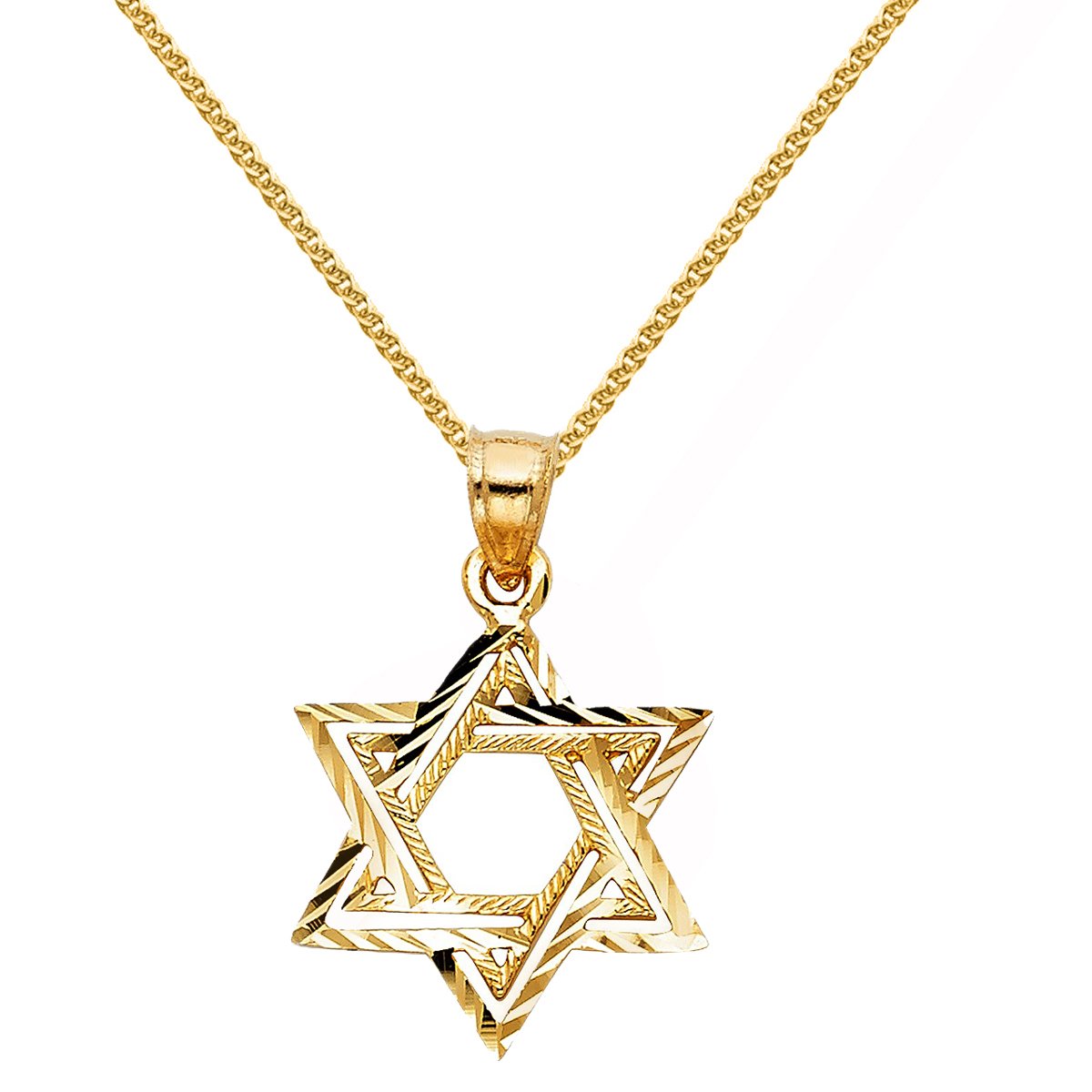 14k Yellow Gold Textured Star of David Religious Pendant with 1.5-mm Flat Wheat Chain
