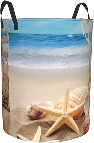 Miniatura 2 de Cesta circular impermeable con estampado de estrellas de mar y conchas marinas, con asas para ropa, juguetes, tamaño mediano