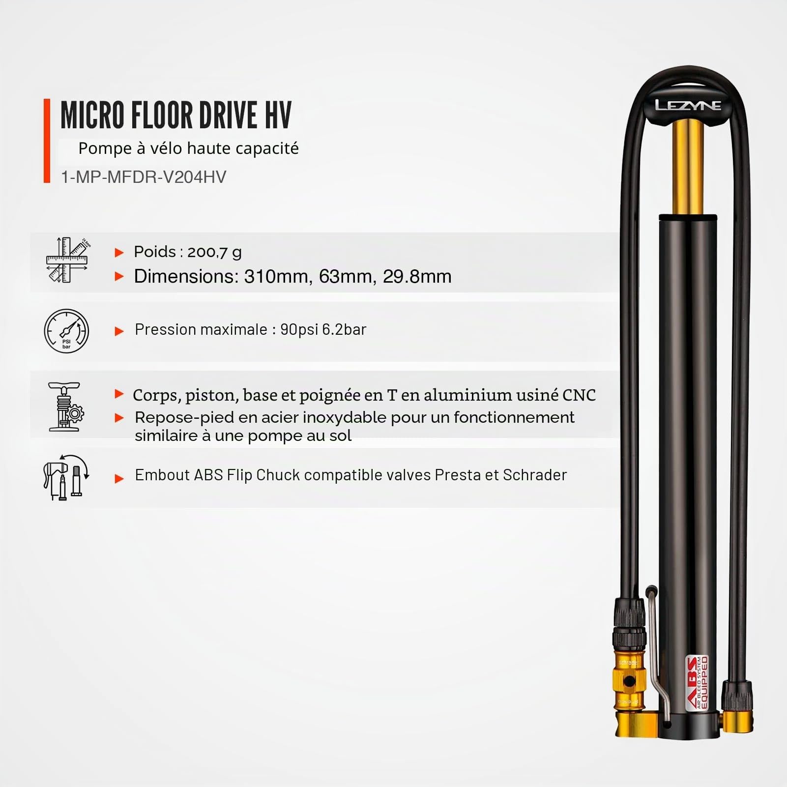 Lezyne Micro Floor Drive hv Pompe à Main Black/Hi-Gloss