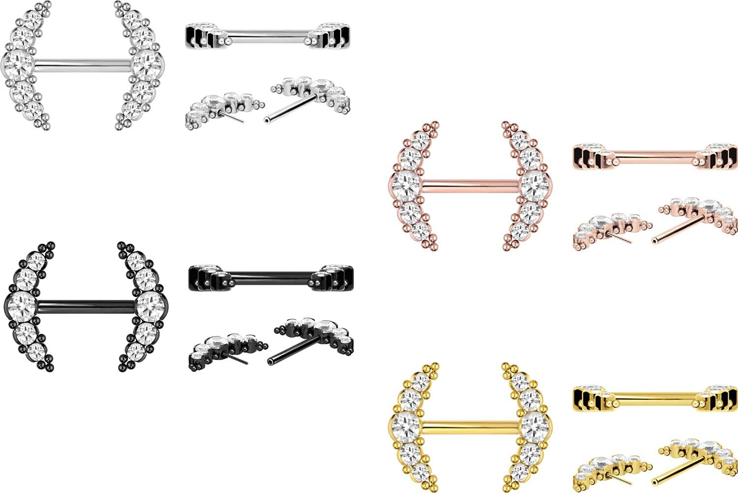 PIERCINGLINE Titan Barbell mit Push Fit 5 KRISTALLE + KUGELN Brustwarzenpiercing Nippelpiercing Farb & Größenauswahl
