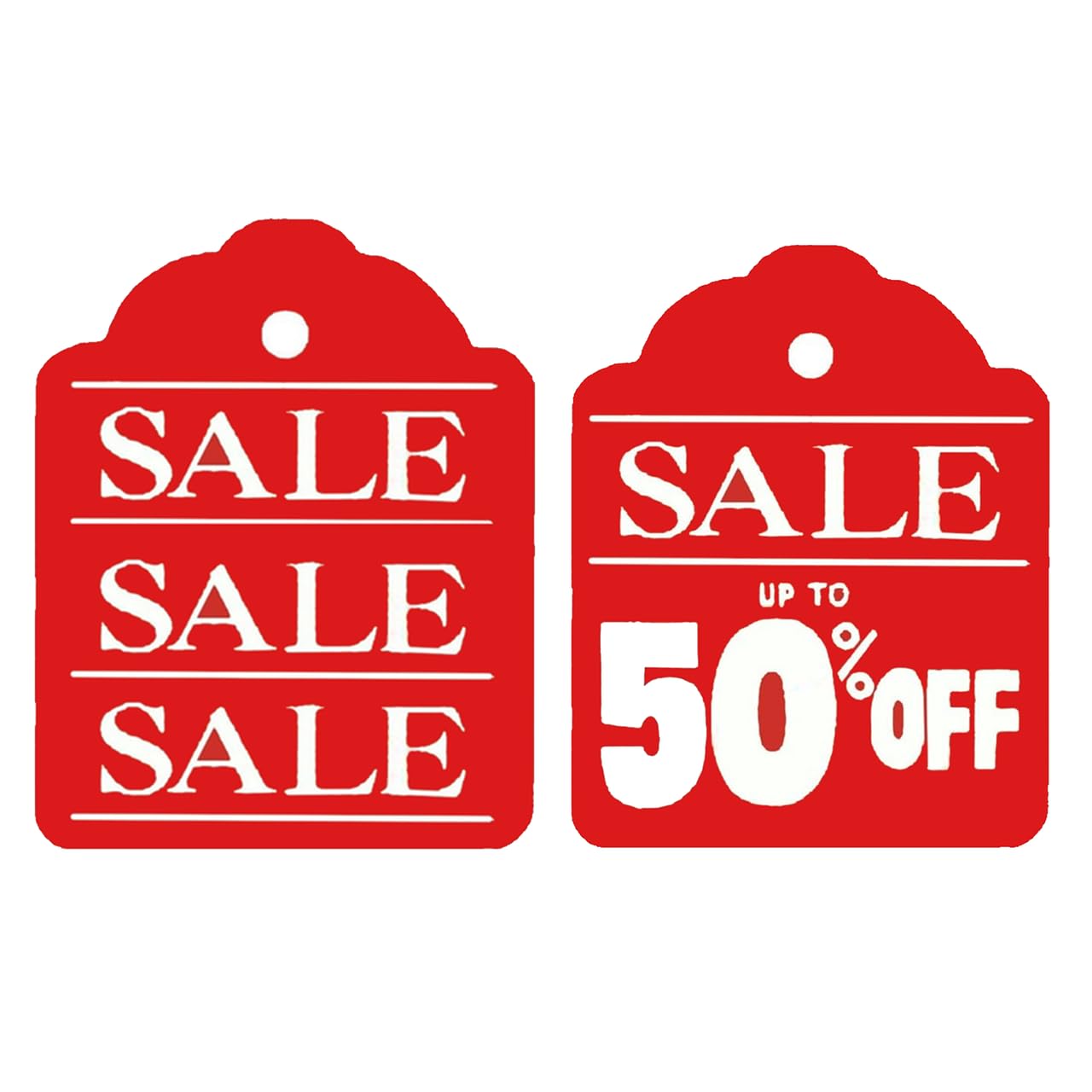 SALE UP TO 50 PERCENT OFF Double-Sided Hanging Sign - 47cm x 60cm - Eye-Catching Retail Signage for Stores - Ideal for Sales Events and Promotions