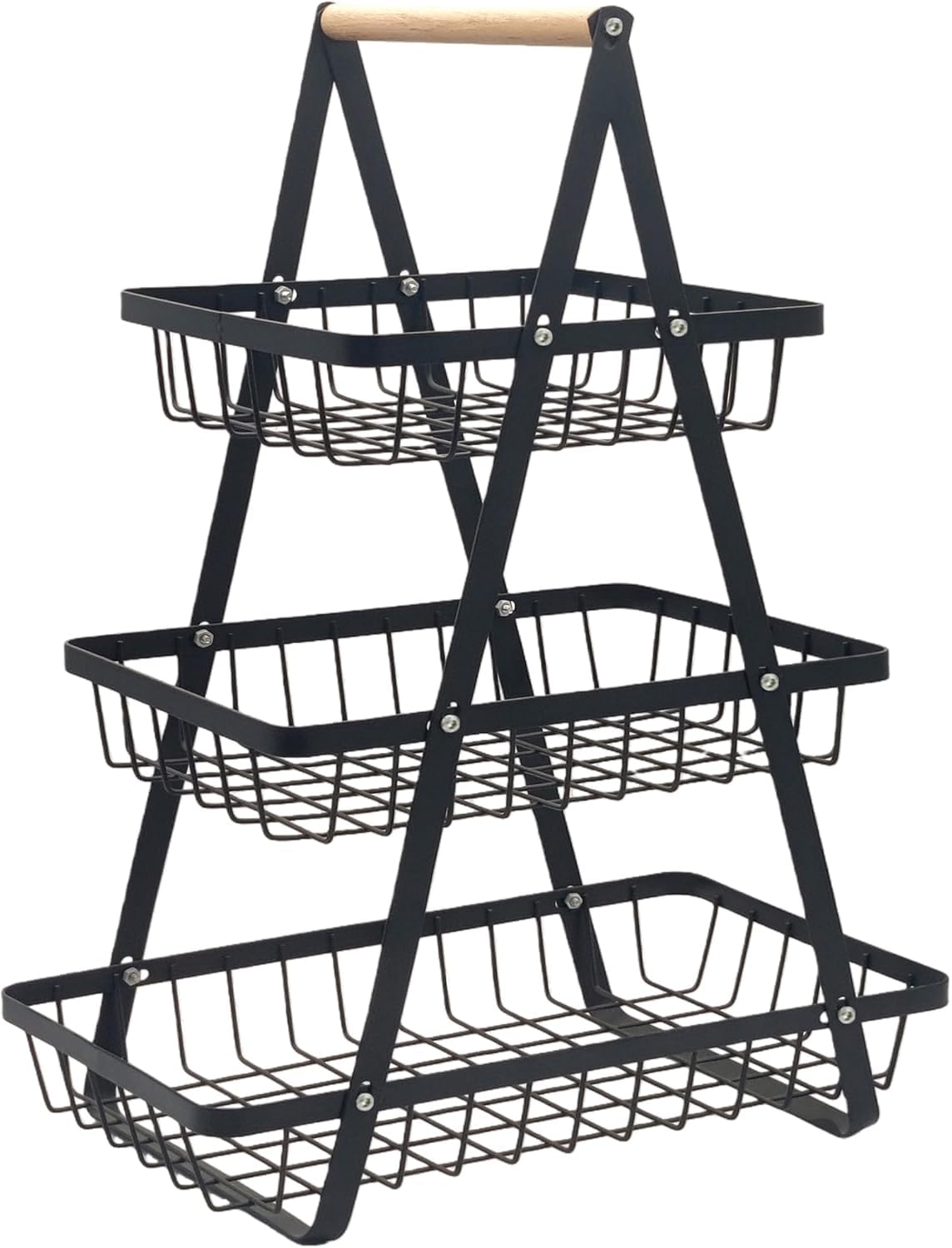 3-stöckige Obst Etagere aus Metall – großer Obstkorb schwarz mit abnehmbarer Obstschale, moderner Obsthalter für Küche, vielseitiger Ablagekorb mit Holzgriff, ideal für Obst, Gemüse, Brot und Snacks