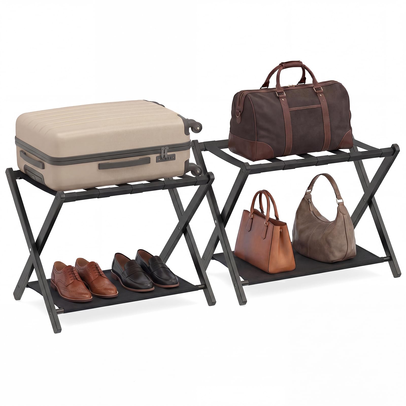 COSTWAY 2 Pz Portavaligia Pieghevole in Bamboo con Cinghie, Tessuto Oxford, Portata 65 kg, Nero