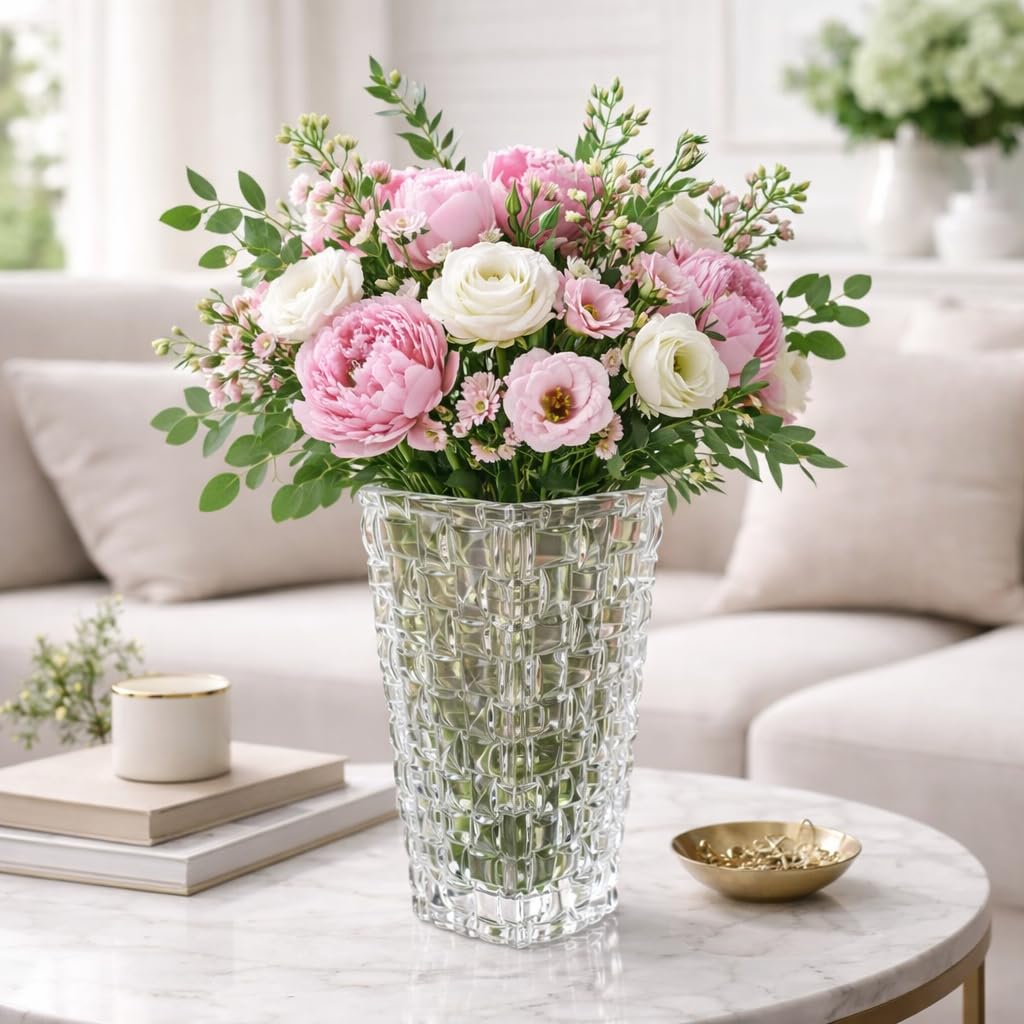 Pure Source India Glass Dimond Cut Flower Vase (Crystal Clear 8 Inch)