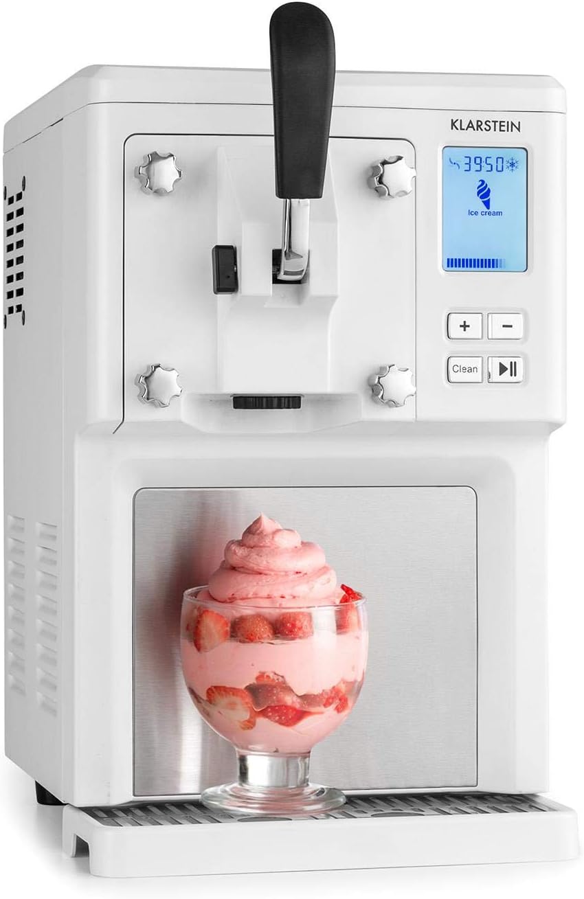 Klarstein Sweet Sundae - Ice Cream Machine, 1.5 Litres, with Self-Cooling Compressor, 200 Watts, Dispensing System, 3 Hour Auto-Cooling Function, Automatic Cleaning System, Stainless Steel, White