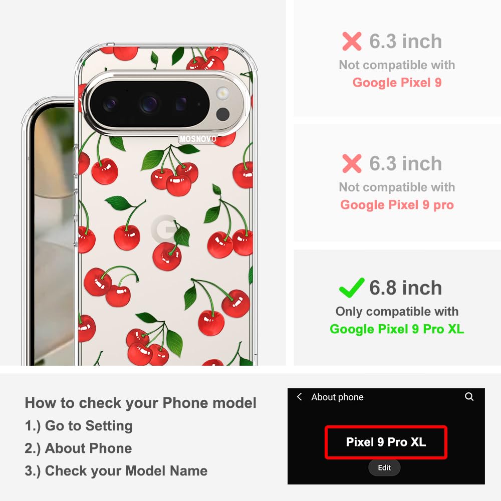 MOSNOVO Case for Google Pixel 10 & Pixel 10 Pro, [Buffertech 6.6ft Military-Grade Drop Protection] [Anti Peel Off Tech] Clear TPU Bumper Phone Case Cover Design - Cute Cherry — view 175