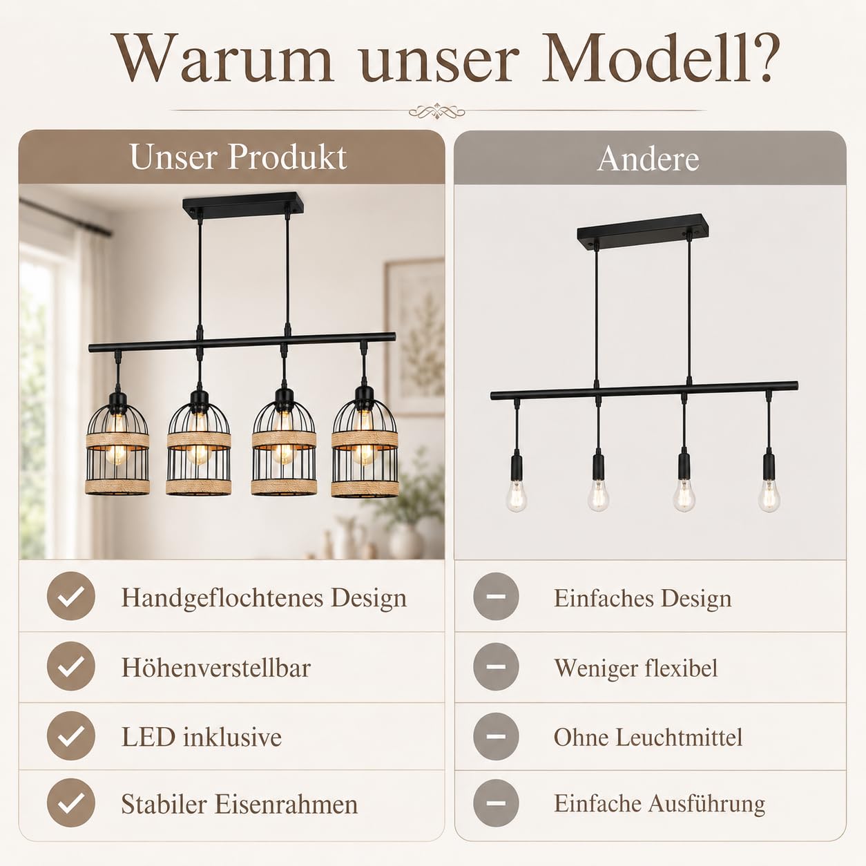 Pendelleuchte Esstisch Rattan Hängelampe 4-Flammig inkl. LED, Vintage Hängeleuchte Schwarz Höhenverstellbar für Esszimmer Kücheninsel Wohnzimmer, Boho Esstischlampe Kronleuchter E27