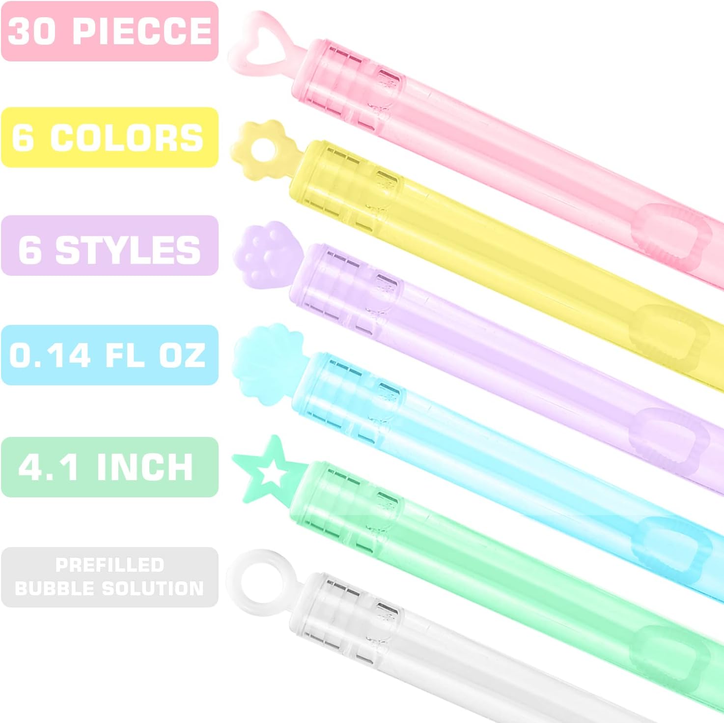 30 Pack Mini Bubble Wands(6 Style, 6 Colors), Bulk Bubble Party Favors, Goody Bags for Kid, Great Summer Outdoor Indoor Toys Gifts for Boy Girl, Valentine Christmas Party Supplies