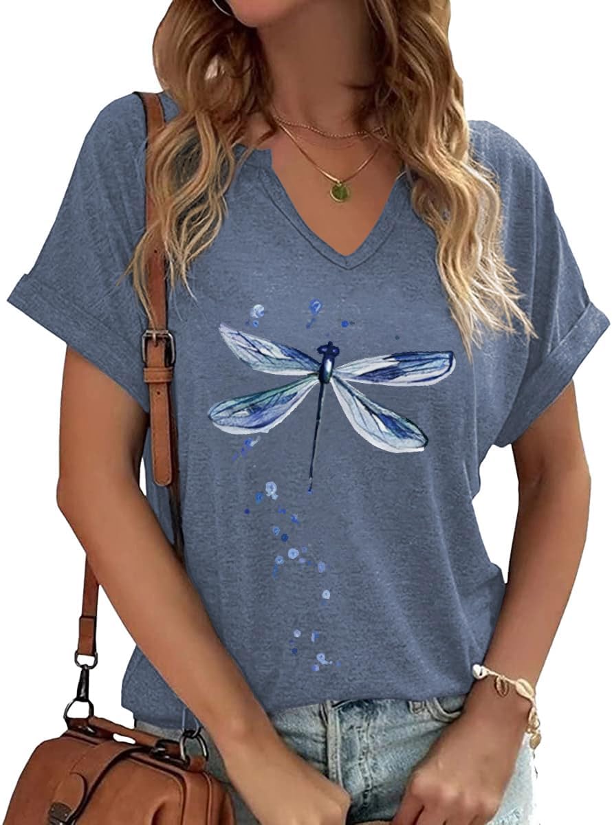 PUCKOLITY Vintage Flowers V Neck Shirt for Women Boho Floral Wildflowers Graphic Tee Casual Cottagecore Summer T Shirt