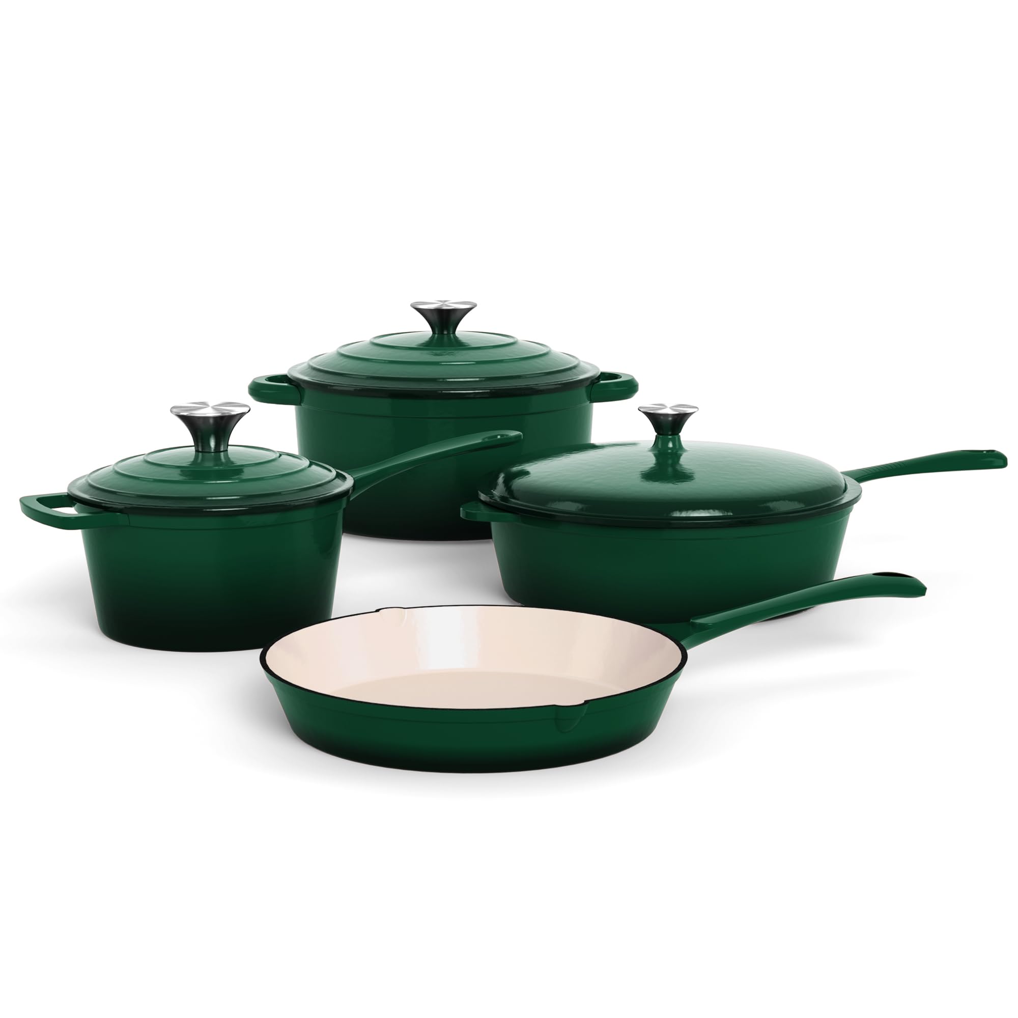 Kitchen Academy, Pentola in ghisa, Set da 7 pezzi con Dutch Oven, Pentole in ghisa smaltata, Casseruola per salse, Padella, 3 coperchi, Set di Dutch Oven, Set di pentole e padelle antiaderenti, Verde