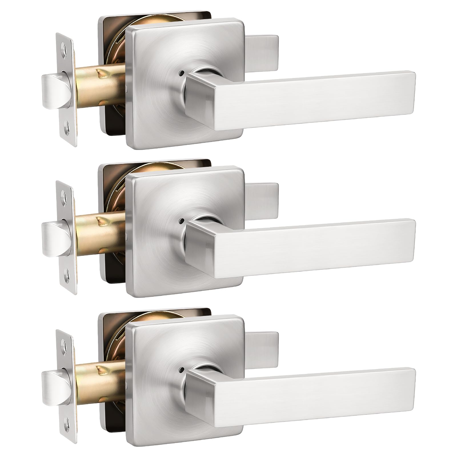 GOBEKOR 3 Pack Passage Door Levers Square Door Handles Brushed Nickel Interior Lever Door Handles for Hallway Closet Straight Keyless Door Lever