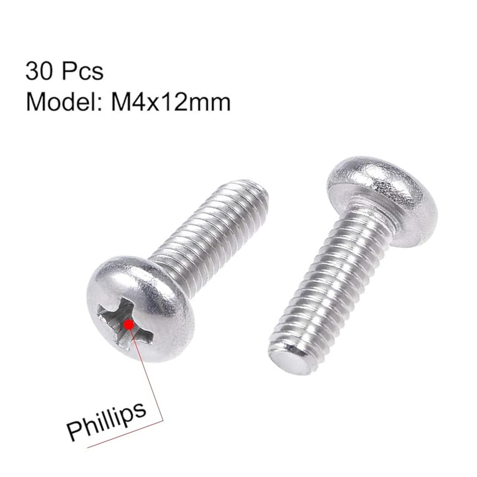 MACHSWON M4x12mm Machine Screws Pan Phillips Cross Head Screw 304 Stainless Steel Round Head Cross Screw Fasteners Bolts 30Pcs - Image 3