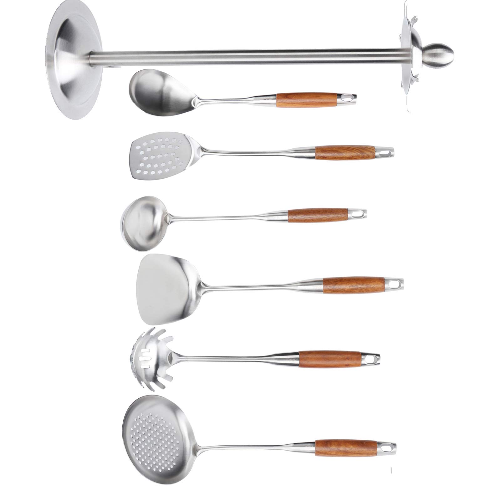 Juego de Espátula de Cocina de Acero Inoxidable 304 con de Madera para Utensilios para Cocinar y Freír, 7 Piezas