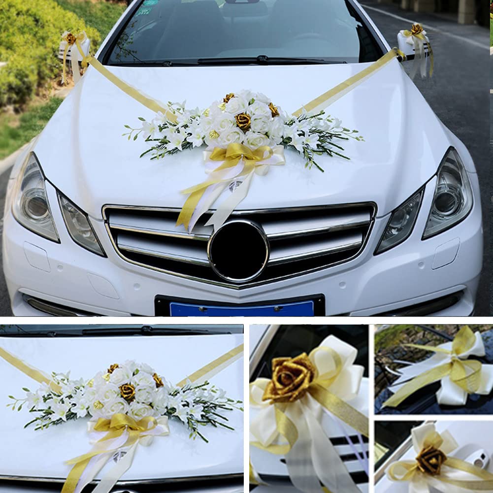 Hochzeitsauto Blumenschmuck, Asudarro Autoschmuck Hochzeit Schleife Künstliche Rose Verziertes Hochzeitsauto Dekorationsset DIY Hochzeitsauto Blumenplatte Bandschleifen Set,Gold