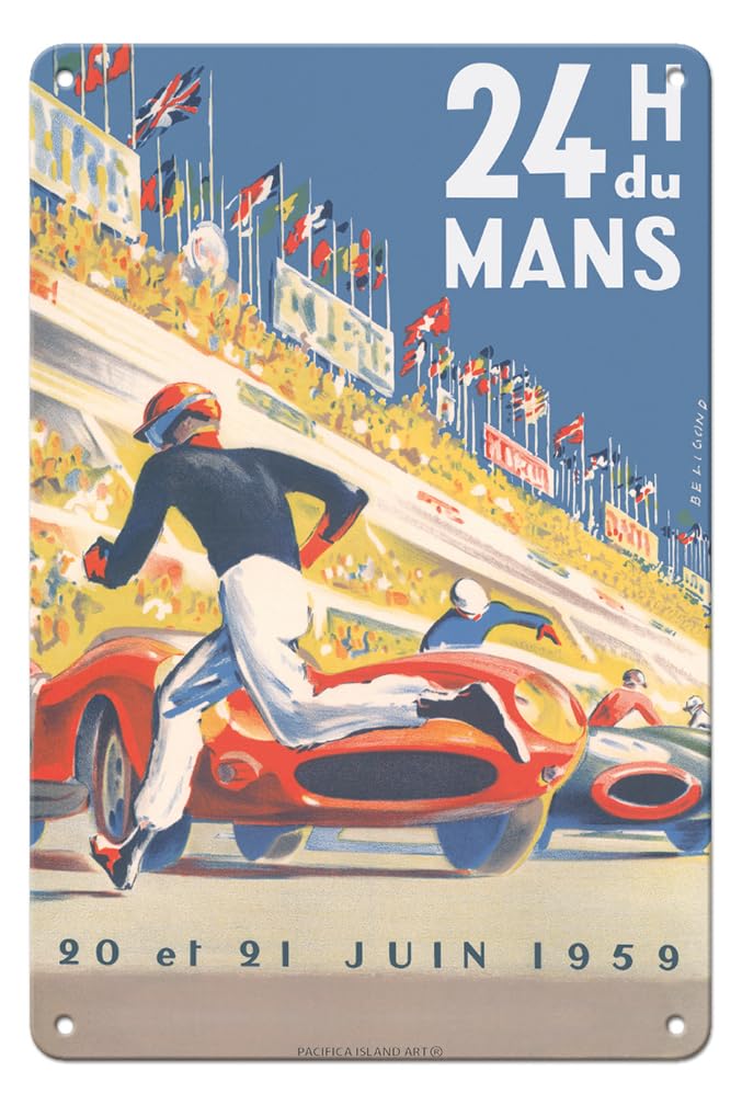 Pacifica Island Art 1959 Grand Prix - 24 hours of Le Mans France - Endurance Racing - Vintage Car Racing Poster by Michel Bélignod c.1959-8 x 12 inch Vintage Metal Tin Sign
