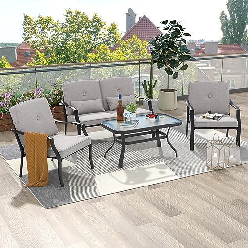 Tangkula 4 Piece Patio Furniture Set, Outdoor Conversation Set with Seat Back Cushions & Waist Pillows, Tempered Glass Coffee Table, Heavy-Duty Metal Sofa Set for Yard Garden Balcony Poolside - Image 3