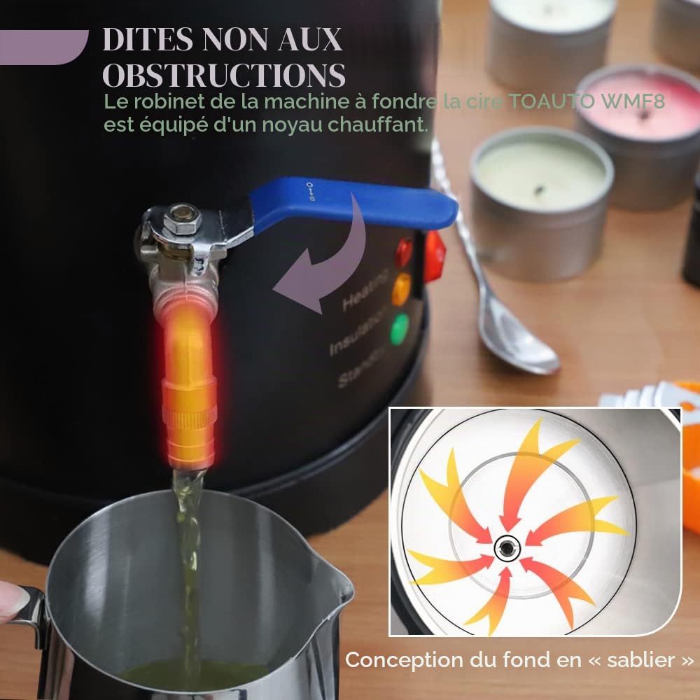 TOAUTO Fabrication de bougies, conteneur de fonte de cire électrique contient 8L de cire fondue avec noyau chauffant, bec et design de fond pour entreprise commerciale de bougies