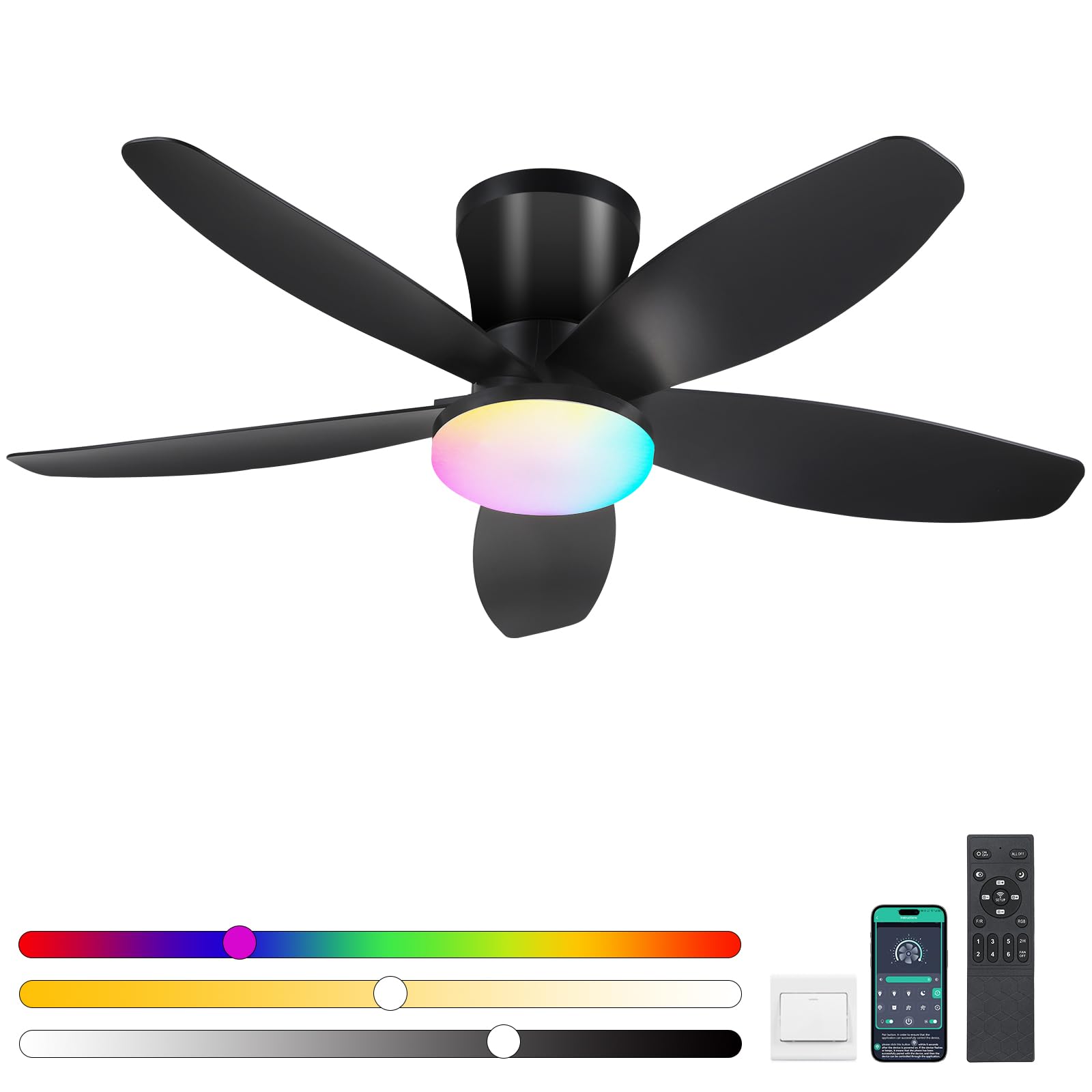 Photo 1 of ** MISSING SOME HARDWARE ** Surtime Flush Mount RGB Ceiling Fans with Lights-36 Low Profile Ceiling Fan with Light and Remote/APP Control,DC Reversible,LED Dimmable Blakc Ceiling Fans for Bedroom,Indoor/Outdoor Patio Use